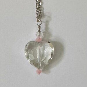 Necklace Heart Clear Crystal Glass Faceted Handmade w/Beads 18" stainless chain
